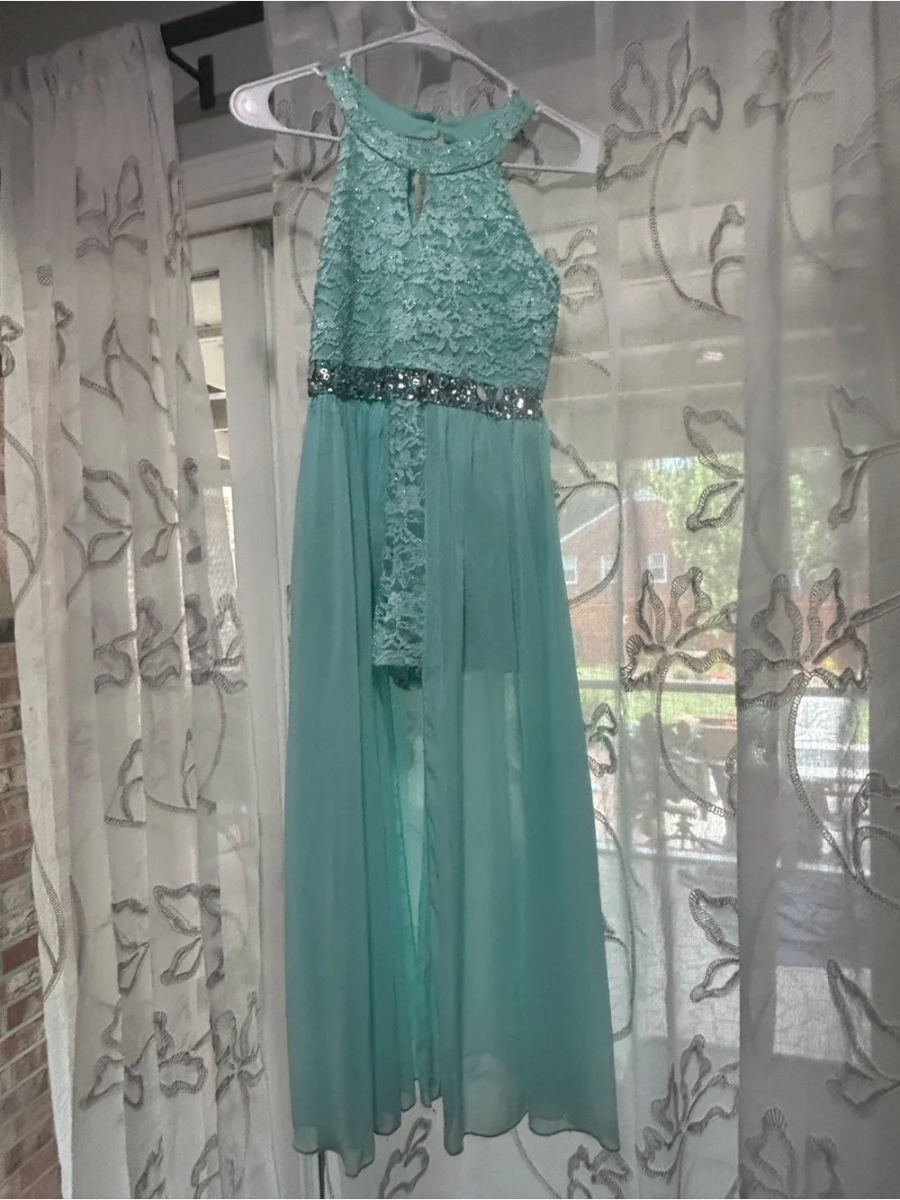 Girls' Aqua Lace High-Low Dress with Sequin Waist
